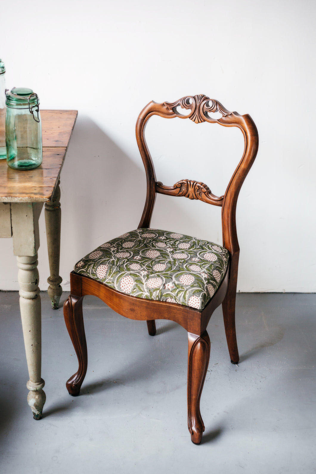 Furniture - Vintage Side Chair - Carved/Green Block Print